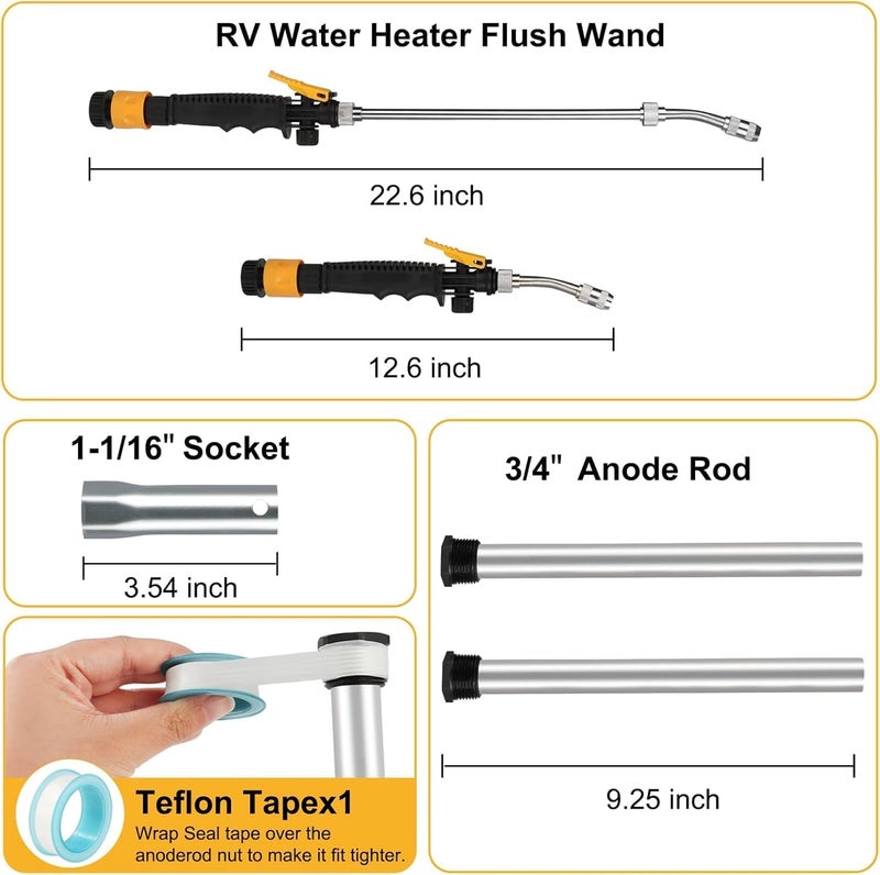 Persimcx RV Water Heater Anode Rod & RV Water Heater Flush Wand, 9.25"L x 3/4" NPT Magnesium Rod for Suburban (Flush Wand & 2Pack Anode Rod) - Image 2